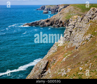 Carbonifero scogliere calcaree vicino Castlemartin sulla South Pembrokeshire Coast guardando verso il Ponte Verde del Galles Foto Stock