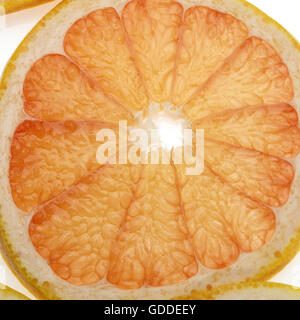 Fetta di pompelmo Citrus grandis contro uno sfondo bianco Foto Stock