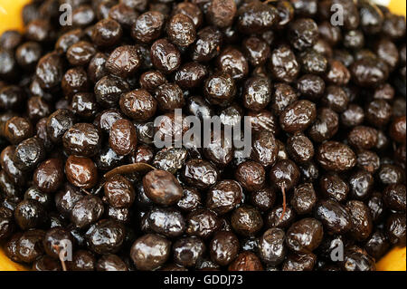Olive nere Olea europaea SU UN MERCATO IN STALLO Foto Stock