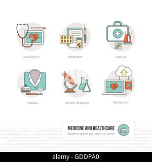 Medicina, sanitari e medici concetti, sottile linea di oggetti e set di icone Illustrazione Vettoriale