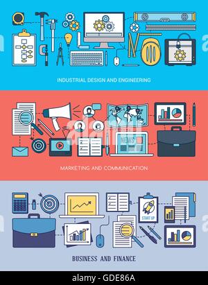 Ingegneria, marketing e business set di banner con utensili, computer di rete e gli oggetti del desktop Illustrazione Vettoriale