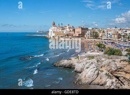 Spagna,Catalogna,città di Sitges,spiaggia,centro storico, Foto Stock