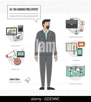 Professionista esperto di marketing competenze infografico riprendere con gli strumenti di lavoro, le attrezzature e le icone Illustrazione Vettoriale