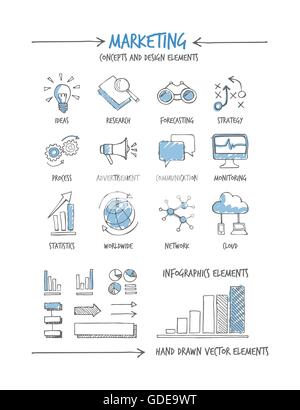 Marketing e business disegnati a mano i concetti e le icone Illustrazione Vettoriale