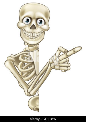 Uno scheletro di Halloween personaggio dei fumetti fa capolino intorno a un segno e che puntano ad esso Foto Stock