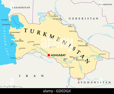 Turkmenistan mappa politico con capitale Aşgabat, confini nazionali importanti città, fiumi e laghi. Paese dell Asia centrale. Foto Stock