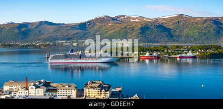 Vista panoramica della nave da crociera da Mt. Aksla con sfondo di montagne,Fiordo esterna di Alesund, Norvegia, More og Romsda, Scandanavia, Foto Stock