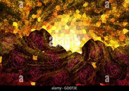 Gruppo di fantasia rosa scuro e violetta purle roses pattern linea luce incandescenza il classico giallo crema e marrone vintage stile brillante Foto Stock
