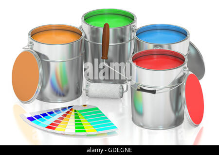 Barattoli di vernice, palette e la spazzola a rullo. 3D rendering isolati su sfondo bianco Foto Stock