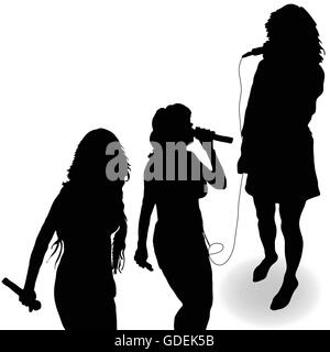 Cantando la ragazza con un microfono arte silhouette nera Illustrazione Vettoriale