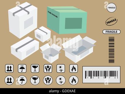 Set di simboli di confezionamento (questo lato in alto, maneggiare con cura, fragile, mantenere asciutto, tenere lontano dalla luce diretta del sole, infiammabile, codice a barre, riciclabili) vettore Illustrazione Vettoriale