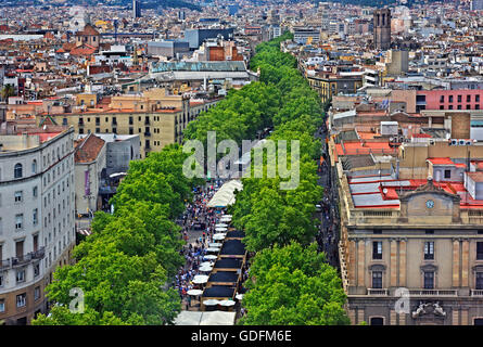Vista alla Rambla, la strada più famosa di Barcellona, dal monumento di Colombo (Monument a Colom) in Catalogna, Spagna Foto Stock