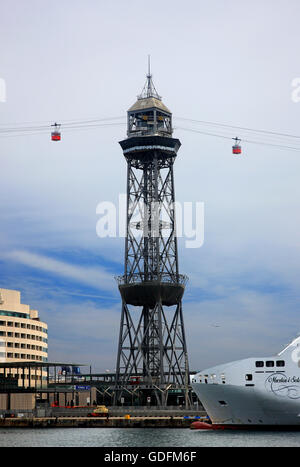 La Torre de Sant Sebastia - Miramar (Montjuic) cavo auto ("Teleferico del puerto'), Barcellona, in Catalogna, Spagna. Foto Stock