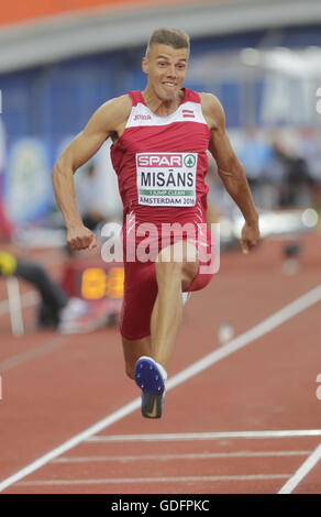 Amsterdam, Paesi Bassi Luglio 09, 2016 Elvijs Misans 9 salto triplo per il Campionato europeo di Amsterdam Foto Stock