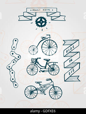 Disegnata a mano illustrazione vettoriale o di disegno di alcune biciclette articoli correlati Foto Stock