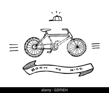 Disegnata a mano illustrazione vettoriale o il disegno di una bicicletta e di un nastro che dice: nato per cavalcare la strada Foto Stock