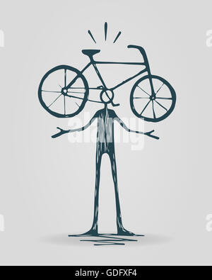 Disegnata a mano illustrazione vettoriale o di disegno di un cartoon uomo con una bicicletta al posto della testa Foto Stock