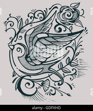 Disegnata a mano immagine o disegno di una rondine uccello e alcuni fiori Foto Stock