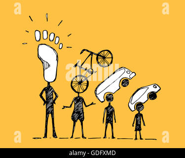 Disegnata a mano immagine o disegno di alcune persone con mobilità urbana simboli Foto Stock