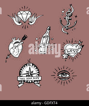 Disegnata a mano immagine o disegno di qualche vecchia scuola disegni tatto Foto Stock