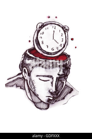 Disegnato a mano o illustrazione di disegno di un uomo con un orologio al posto della testa Foto Stock