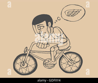 Disegnato a mano o illustrazione di disegno di un ciclista, un cartoon uomo su una bicicletta Foto Stock