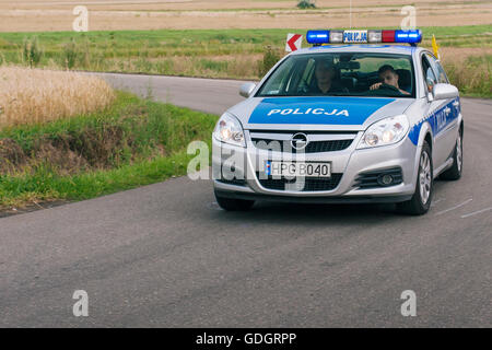 Polish auto della polizia passare rapidamente attraverso i campi di grano. Foto Stock