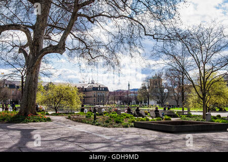 Stoccarda, Superiore giardino del palazzo, Oberer Schlossgarten, gente seduta sulle panchine godetevi il sole primaverile nel parco pubblico Foto Stock