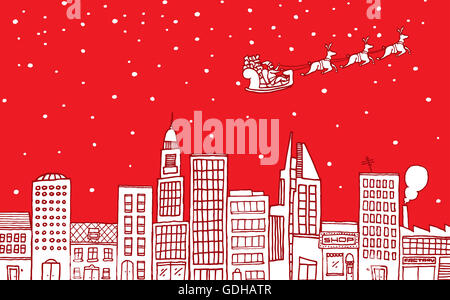 Cartoon illustrazione di natale e santa claus sorvolano una skyline Foto Stock