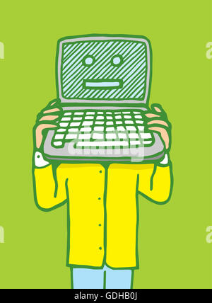 Cartoon illustrazione di un uomo in possesso di un computer portatile con un computer faccia su di esso Foto Stock