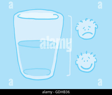 Cartoon illustrazione di due persone che guardano il bicchiere mezzo pieno e mezzo vuoto Foto Stock