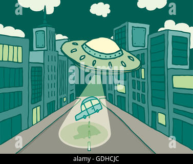 Cartoon illustrazione di alien UFO rapire un auto in strada Foto Stock