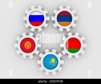 Economica Eurasiatica di membri della Comunità le bandiere nazionali sugli ingranaggi Foto Stock