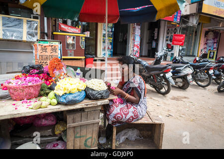 Signora indiana rendendo ghirlande religiosa da una varietà di fiori a Mylapore, Chennai, nello Stato del Tamil Nadu, India, Asia Foto Stock