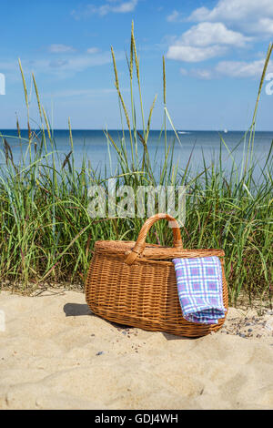 Cesto per pic-nic con blu bianco tovagliolo a scacchi sulla spiaggia sabbiosa. Seascape sfocata sullo sfondo Foto Stock