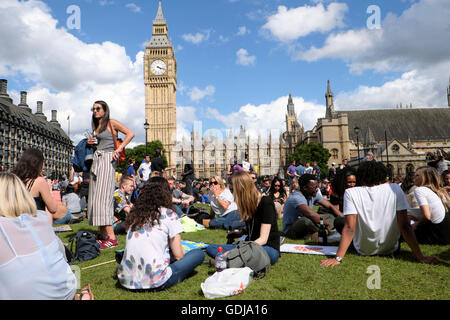 La folla di persone si sono radunate sul prato in piazza del Parlamento con la vista del Big Ben a anti demo Brexit Londra Regno Unito 23 Giugno 2016 KATHY DEWITT Foto Stock