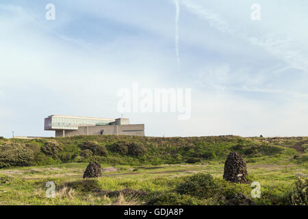 Prato e "Casa di vetro' edificio a Seopjikoji sull'Isola di Jeju in Corea del Sud. Copia dello spazio. Foto Stock
