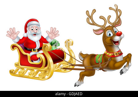 Cartoon Santa Claus nel suo Natale sleigh la slitta con il suo naso rosso renne Foto Stock