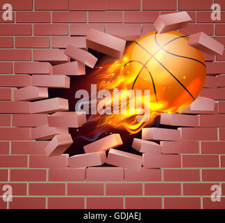 Una illustrazione di una masterizzazione flaming basket ball sul fuoco la lacerazione di una foro passante attraverso una parete di mattoni Foto Stock