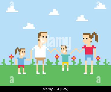 Arte pixel immagine della famiglia tenendo le mani in posizione di parcheggio Illustrazione Vettoriale