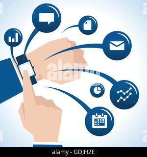Illustrazione di imprenditore con Smart Watch e icone Illustrazione Vettoriale