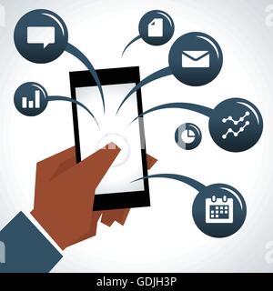 Illustrazione di imprenditore tenendo il telefono cellulare e le icone Illustrazione Vettoriale