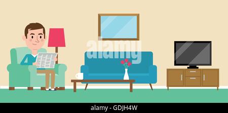 Illustrazione dell'uomo in un momento di relax a casa leggere il giornale Illustrazione Vettoriale