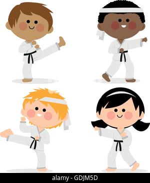 Gruppo di bambini indossare le arti marziali uniformi: karate, taekwondo, judo, jujitsu, kickboxing, o di kung fu Illustrazione Vettoriale