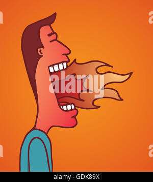 Cartoon illustrazione dell uomo con la masterizzazione di bocca dopo aver mangiato cibo piccante o veramente arrabbiato Foto Stock