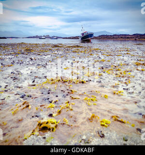 La bassa marea imbarcazioni presso la costa scozzese dell'Isola di Skye Foto Stock