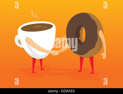 Cartoon illustrazione di caffè e ciambelle amici stringono le mani Foto Stock