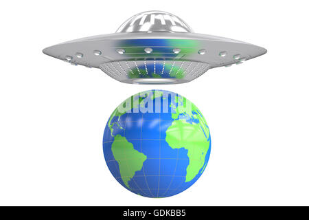 UFO e concetto di massa, rendering 3D isolati su sfondo bianco Foto Stock