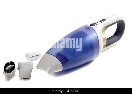 Aspirapolvere portatile con accessorio isolato su uno sfondo bianco Foto Stock