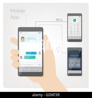 Mano che tiene una smart phone e utilizzando un mobile app Illustrazione Vettoriale